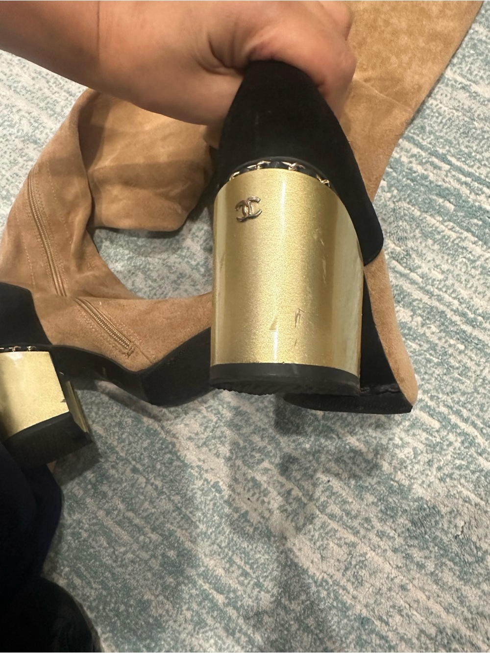 CHANEL Tan Suede Over-the-Knee Boots with Black Accents and Gold Block Heel - Picture 8 of 16